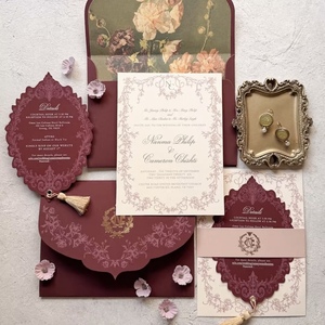 Tarjetas de Invitación de Boda con Relieve y Borlas, Papel Recubierto Rojo, Logotipo Personalizado, Impresión Offset, Estampado en Caliente - Product Image 2