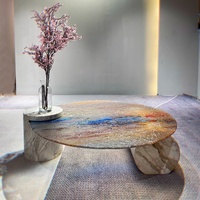 Table basse en verre trempé effet vague d'eau, style moderne minimaliste, motif coucher de soleil, en marbre et cristal, mobile, pour salon
