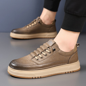 Baskets décontractées pour hommes en cuir véritable à bout rond, à lacets, à plateforme, semelle épaisse, résistantes à l'abrasion, style chunky, collection automne - Product Image 2