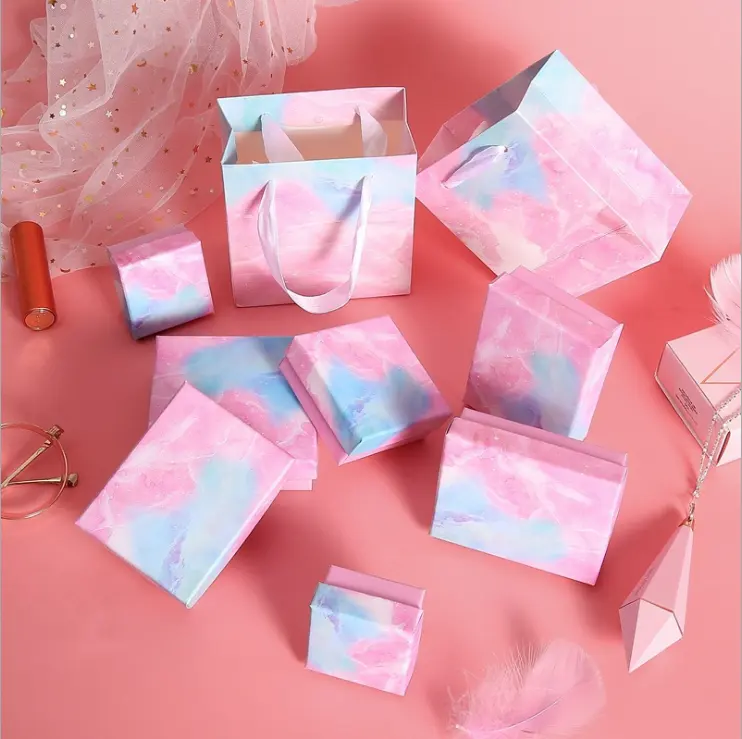 Girlish caixa padrão de mármore, caixa para brincos/anel/colar/joias/presente para bebês rosa e azul