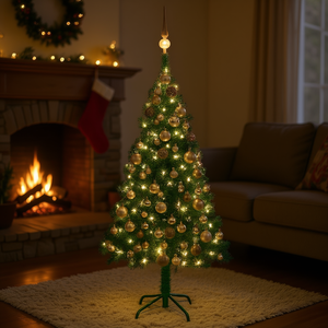 Sapin de Noël artificiel vert de 59,1 pouces en PVC pré-éclairé avec un ensemble de boules, LED chaudes, base sur pied pour intérieur, ornement décoratif - Product Image 2