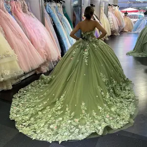 2024 abiti da Quinceanera verdi polverosi applicati con perline a forma di dolce 16 principessa abito da ballo da festa MQ420