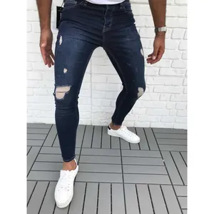 Wholesale Stock Denim Jeans Tangan Dipakai Merenggang Ripped Skinny Jeans untuk Pria