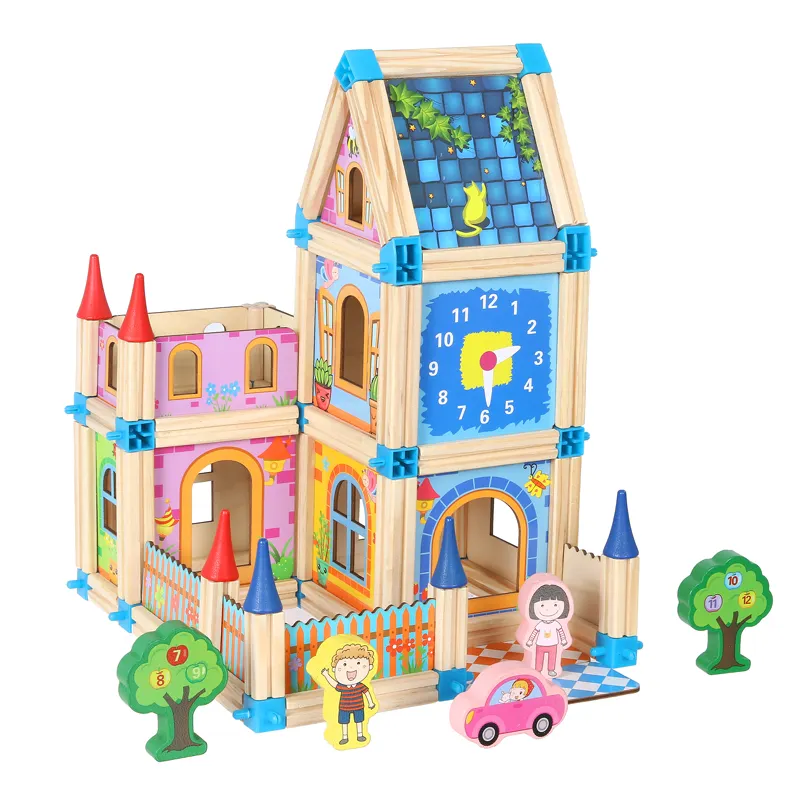 128PCS Children's Gift Wooden Children's Educational Toys DIY Building Wooden House Castle Building Block Set