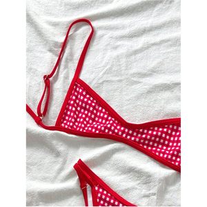Conjunto de Bikini de Dos Piezas con Tiras Cruzadas y Estampado a Cuadros para Mujer, Traje de Baño de Corte Alto con Lazos en la Espalda, Ribete en Contraste, Elástico, Spandex, Nailon - Product Image 5