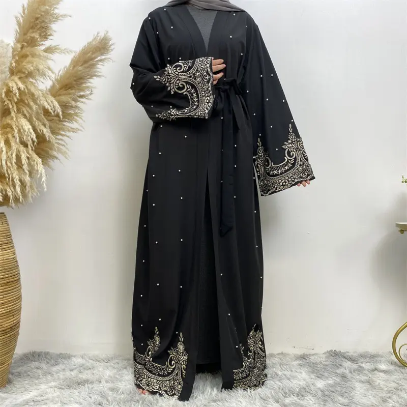 Produttore diretto di pizzo ricamato con perle Design aperto musulmano Kimono islamico abiti da donna Dubai Abaya