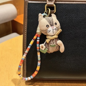 Porte-clés Vantage portable en forme d'animal de dessin animé, fait main en tissu doux, avec fleur 3D et motif chat, pour femme, breloque de sac à main - Product Image 1