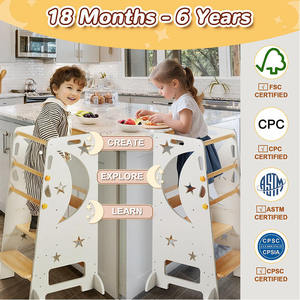 Tour d'apprentissage multifonctionnelle blanche, chaise haute, tour debout pour tout-petits, tabouret d'escalier en <span class=keywords><strong>bois</strong></span> réglable en hauteur pour enfants - Product Image 3