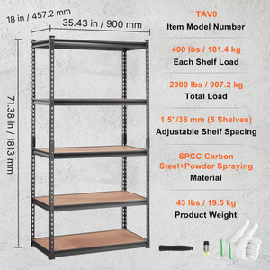 Étagère de rangement en acier réglable à 5 niveaux, 35,43x18x71,38 pouces, noire, revêtement poudré, robuste - Product Image 1