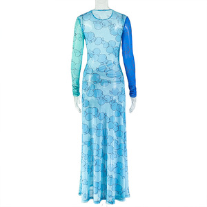 Vestido de mujer de malla transparente con estampado de dos colores, manga larga, abertura, maxi vestido para fiesta o vacaciones, tallas S-L - Product Image 4