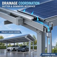 Structure de drainage pour carport BIPV commercial, à base de structure en acier Zn-Al-Mg, conçue pour l'intégration de gouttières et de tuyaux de descente