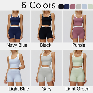 Ensemble de cinq pièces pour femmes, haut sans manches rembourré à blocs de couleur, jupe trapèze, shorts, leggings slim, pantalon large, yoga - Product Image 5