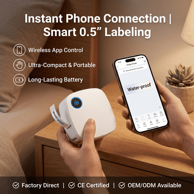 MHT-S001 OEM ODM Mini Wireless Thermal Label Maker 15mm 203dpi IOS Android 1500mAh Bedroom Wardrobe Clothes Organization