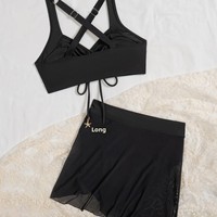 Ensemble de plage 2 pièces pour femme : Haut de bikini court froncé à col carré uni avec cordon de serrage et motif étoile de mer, et jupe-short taille haute à nouer