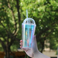 Vente en gros, gobelet d'été à double paroi réutilisable, gobelet d'été en plastique acrylique transparent avec paille et couvercle d'oreilles de souris 16oz