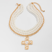 HL européen et américain rétro Imitation perle croix pendentif collier de perles bord de mer collier de vacances pour les femmes