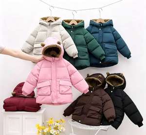 Veste matelassée à capuche avec oreilles d'ours pour enfants, manteau d'hiver épais doublé de polaire pour tout-petits garçons et filles, vêtements d'extérieur chauds de couleur unie - Product Image 1