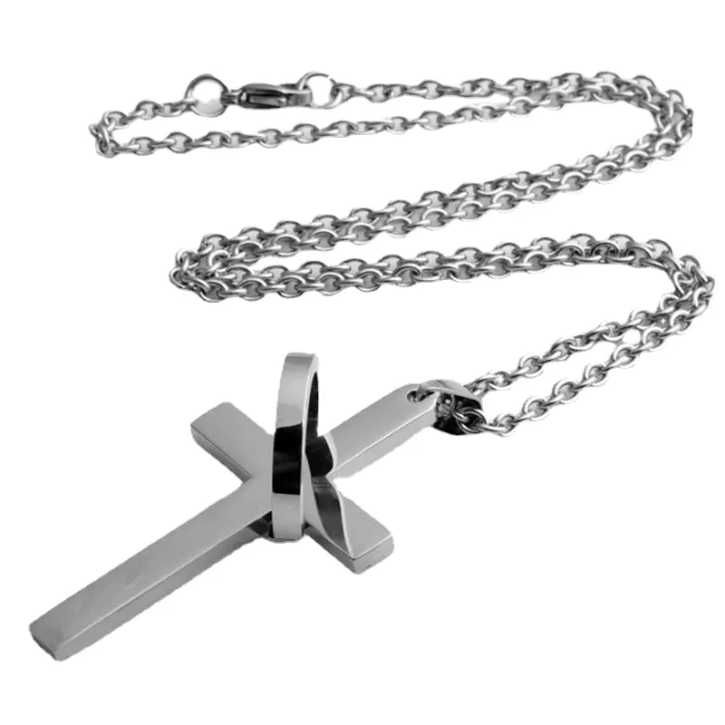 2404 Simple Cross With Circle Pendant Necklaces Stainless Steel Chain Christ Cruz Necklace For Men Boys Cool Neck Jewelry