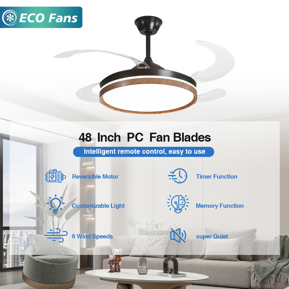 Contemporary Ceiling Fan with Light Retractable Structure Energy Saving LED Lamp for Living Room Bedroom Use