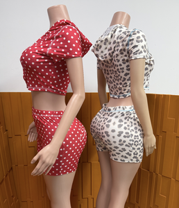 PEEQI FA8821 Новый летний женский комплект из двух предметов: шорты и топ с капюшоном на молнии, с коротким рукавом, в горошек и с леопардовым принтом - Product Image 3