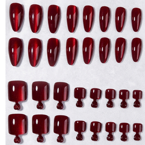 Lot de 48 faux <span class=keywords><strong>ongles</strong></span> à presser pour les mains et les orteils, effet œil de chat rouge <span class=keywords><strong>bordeaux</strong></span>, forme amande carrée, brillants, magnétiques, réutilisables - Product Image 4