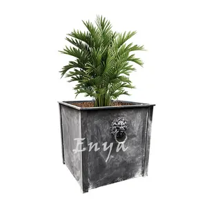 Elegant Patio Classic Style Garden Front Porch Lion Head Decor Square Zinc Gray Heavy Metal Plant Flower Pot Planter