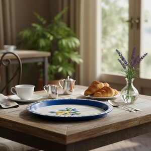 Bandeja Kontensan Vintage Floral Elegante con Lazo Azul y Metal Dorado, 315 mm, Moderna, de Acero Inoxidable y Cuero, Modelo EE197GF - Product Image 3