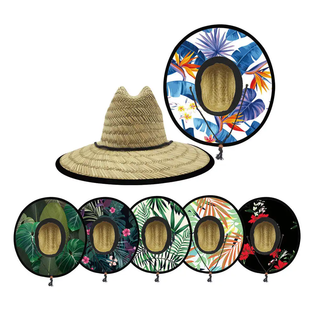 Low MOQ Embroidery Patch Natural Grass Sun Hats Unisex Summer Surf Lifeguard Straw Hat Logo Beach Bulk Cowboy Straw Hats