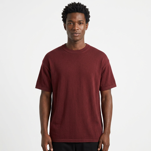 T-shirt en coton uni pour homme, col rond, manches courtes, coupe classique, style décontracté, tricoté, teinture unie - Product Image 1