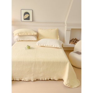 Milk Fleece Bed Sheet Set 3 Pcs Thickened <b>Quilted</b> Solid Stripe Winter Home Use - Product Image 4