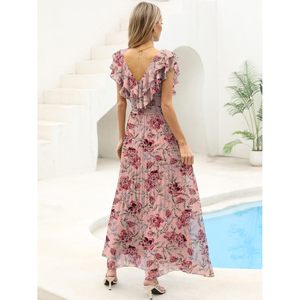 Vestido Maxi de Gasa con Cuello en V, Manga con Volantes, Estampado Floral, Plisado, Cintura Imperio, Estilo Bohemio, para Fiesta de Verano, Invitada de Boda, Corte A Fluido - Product Image 3