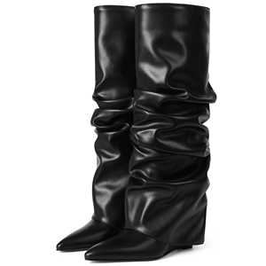 Botas de cuero de alta calidad para mujer, con punta en pico, tacón de aguja, botas largas hasta la rodilla, a la moda, sexys, con tacón de cuña, para exteriores. - Product Image 1