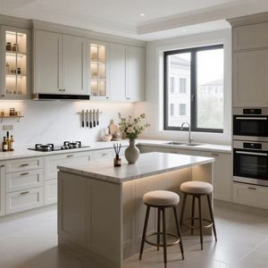 Cuisine sur mesure, style moderne minimaliste européen, îlot central avec comptoir en pierre et tabourets <span class=keywords><strong>de</strong></span> <span class=keywords><strong>bar</strong></span>, grand espace - Product Image 1