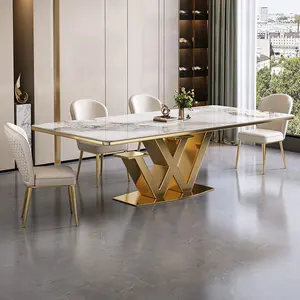 Luxury Unique Design Stainless Steel Dining Tables And Chairs Marble Rectangular Modern Dining Table