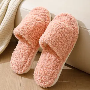 Zapatillas de algodón de felpa con punta abierta rizada para mujer, Zapatillas de casa de lana para interiores europeas y americanas