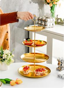 Multifunctionele gouden roestvrijstalen dessertstandaard met 2/3/4 lagen, fruitmand, serveerschaal voor Koreaans BBQ, taartplateau, snackrek - Product Image 3
