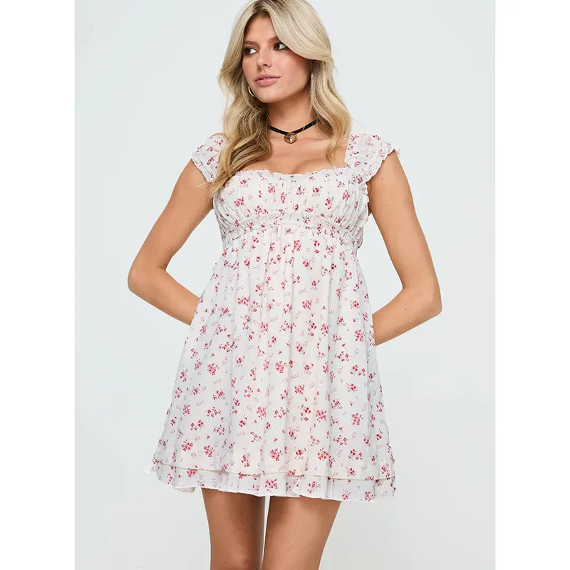 Minivestido feminino com babado de bainha grande com estampa floral e decote elástico quadrado para mulheres, manga curta com babado nas costas abertas