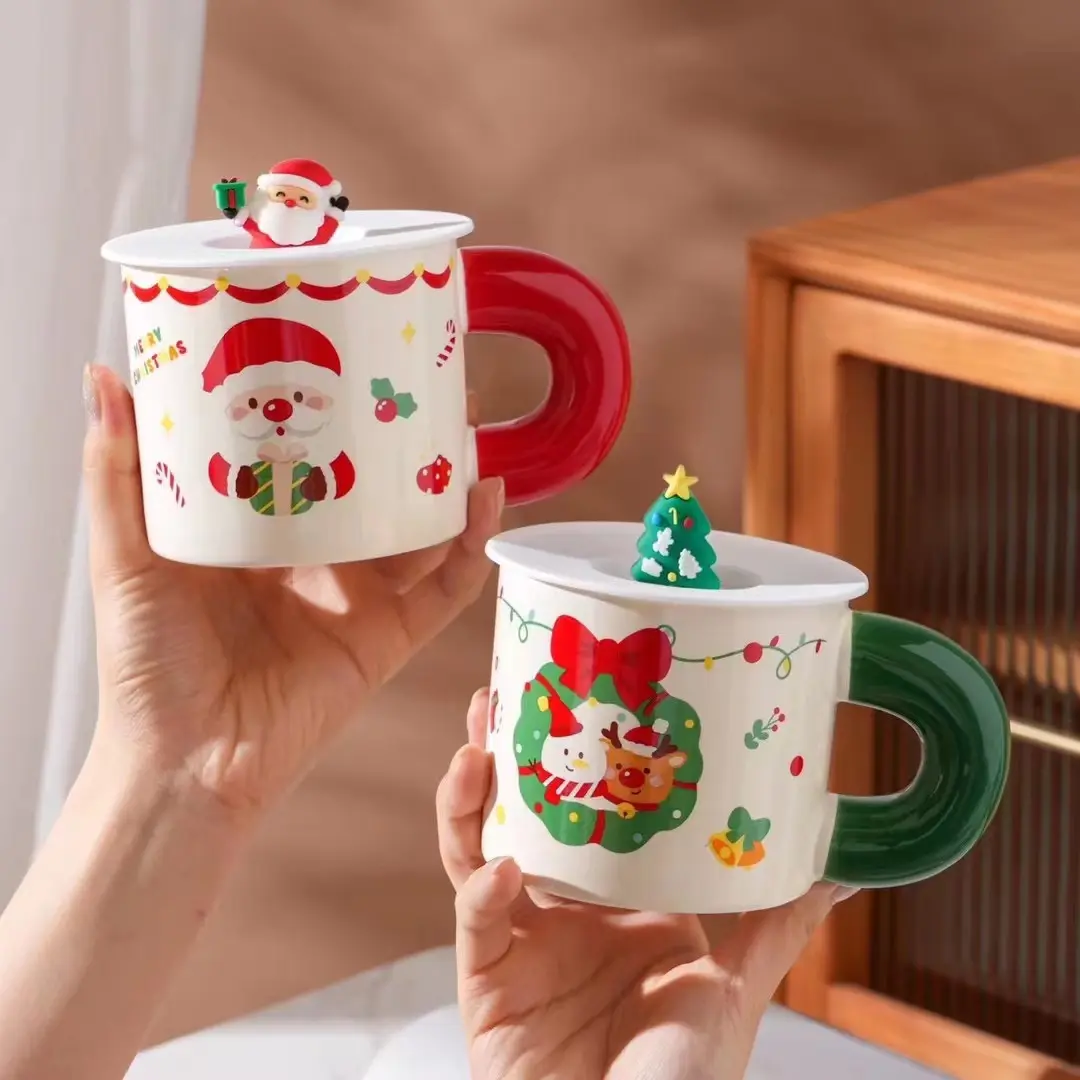 북유럽 만화 크리스마스 눈사람 세라믹 물 컵 머그 뚜껑 숟가락 커피 컵