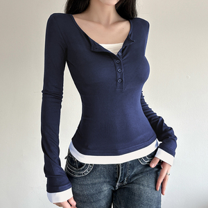 Suéter de Punto para Mujer 2025, Corte Ajustado, Manga Larga, Cuello en V, Color Sólido, Detalle de Botones, Estilo Casual Deportivo, Transpirable para Otoño - Product Image 1