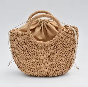 High Quality natural Women Straw Beach Tote Handbag Small woven hand Made Rattan Bag