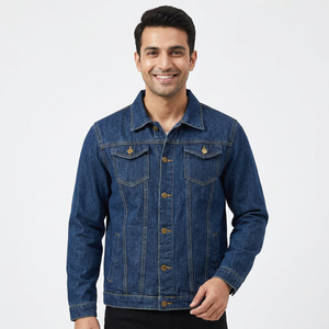Stylish Custom Washed Blue <b>Denim</b> <b>Jacket</b> for <b>Men</b> Embroidered Motorcycle Hooded Stand Collar Front Logo Outerwear - Product Image 1