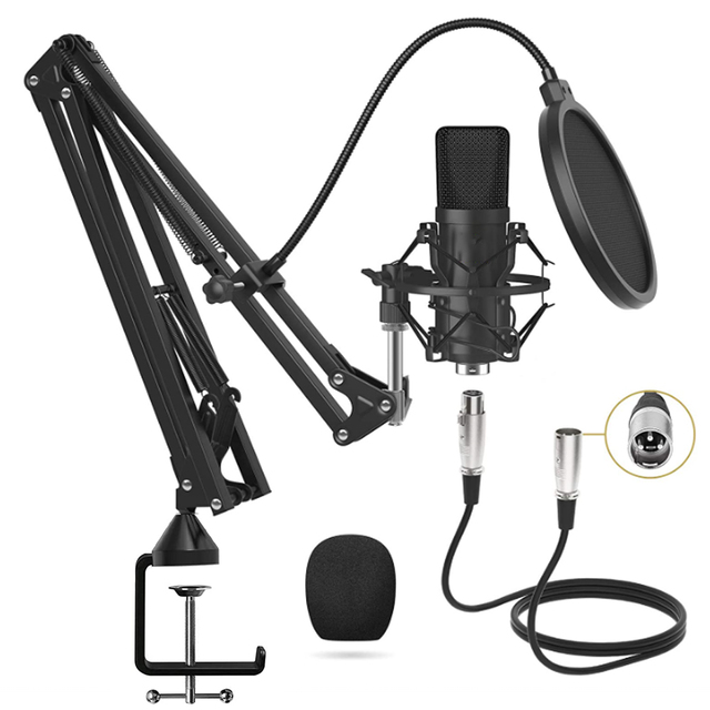 XLR Condenser Microphone Professional Cardioid Studio Mic Kit With Boom Arm Shock Mount Pop Filter for Recording Podcast