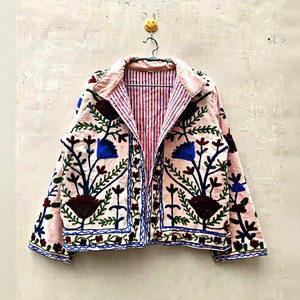 Vintage Style Suzani <b>Velvet</b> Embroidery Quilted Eco-Friendly Winter Artisanal Patterned <b>Jacket</b> with Floral Decoration - Product Image 1