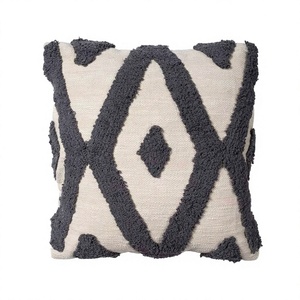Geometric Tufted Bohemian Cotton Throw Pillow Cover Gray <b>White</b> Diamond Pattern Non-Toxic Removable Washable Decorative Cushion - Product Image 1