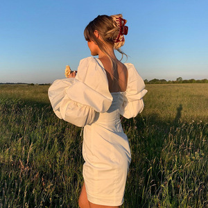 Abito moda donna manica lunga bianco abito Casual quotidiano con <span class=keywords><strong>maniche</strong></span> svasate arricciate Sexy scollate senza schienale - Product Image 4