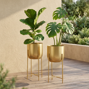 Luxury Embossed Gold Metal Planter with <b>Stand</b> Modern Metal Flower Pot <b>Vase</b> Premium Indoor Outdoor Decorative Plant Holder - Product Image 5