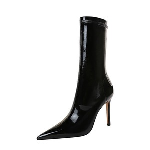 Bottes mi-mollet pour femme en cuir verni style occidental à talon haut - Élastiques, amincissantes, à bout pointu, sexy et de qualité pour la marche - Product Image 2