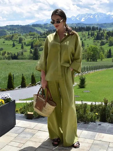 <span class=keywords><strong>Camicia</strong></span> di <span class=keywords><strong>lino</strong></span> a maniche larghe da <span class=keywords><strong>donna</strong></span> stile europeo americano pantaloni lisci elastici commercio estero transfrontaliero - Product Image 6