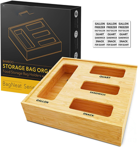 Ziplock Bag Storage Organizer Bamboo Wood Plastic Bag Dispenser with Sliding Openable Lid