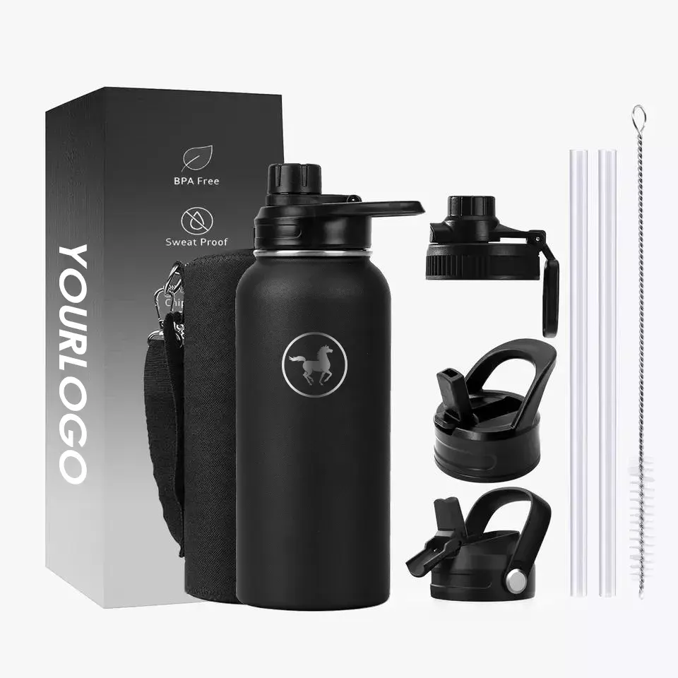 32oz 40oz Wide Mouth Double Walled Sports Water Bottle Vacuum Flask Stainless Steel Custom Logo With Handle Straw Lid